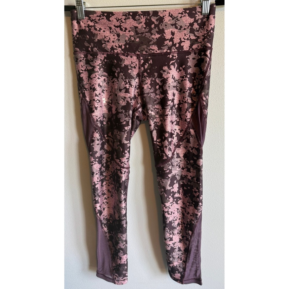 Under Armour HeatGear Burgundy Floral Mesh Leggings Womens M Activewear Gym Yoga